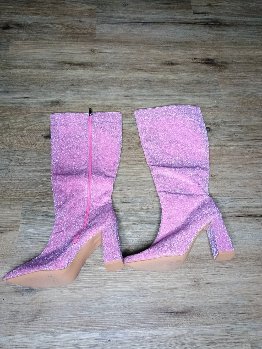 Pink Glitter Mid-Calf Block Heel Boots